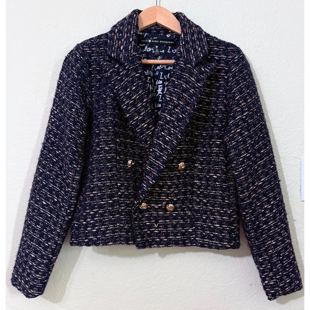 AQUA x Kerri Rosenthal Tweed Jacket Boucle Heart Twee Gold Buttons Size Small